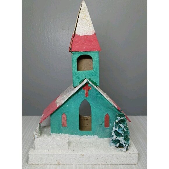 Vintage Christmas Village Cardboard Putz House CHURCH Japan HACIENDA mid 1930's - Picture 1 of 16